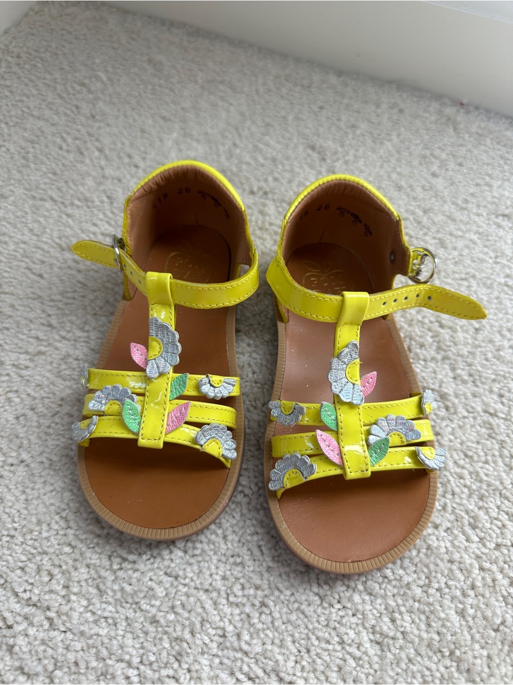 Pom D'Api Bright Yellow Floral Leather Kids Sandals EU 26